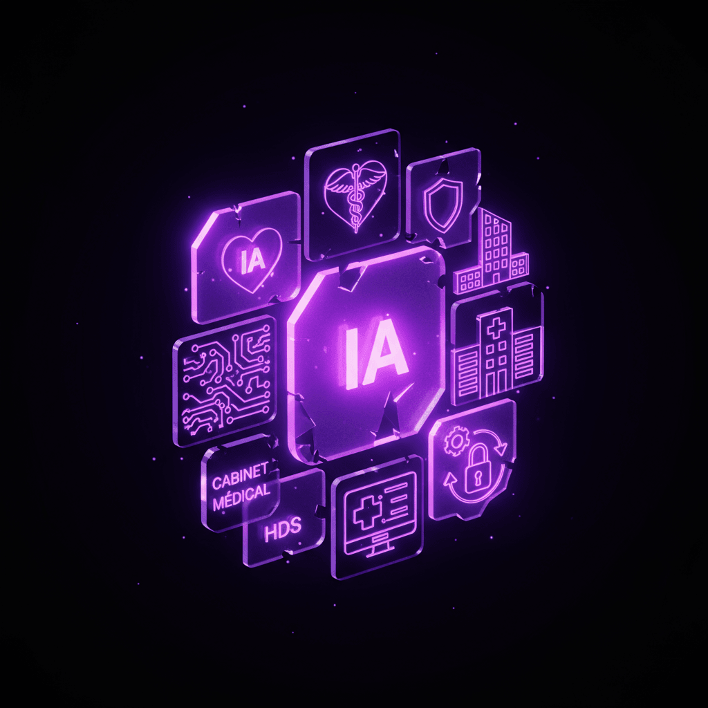 Professionnel de santé travaillant sur une tablette avec des icônes d'IA et de numérique flottant autour, symbolisant l'HDS et la sécurité des données