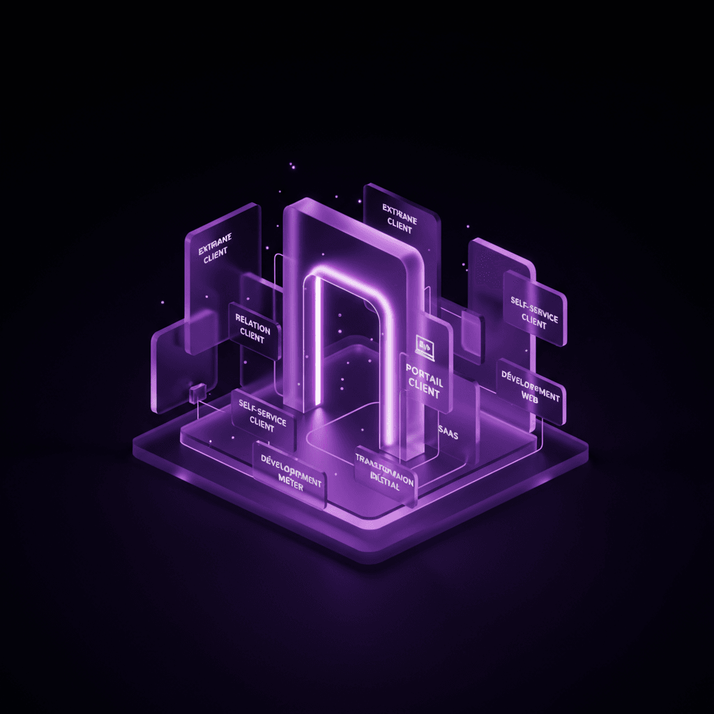 Interface d'un portail client moderne et intuitif avec des icônes de données et graphiques