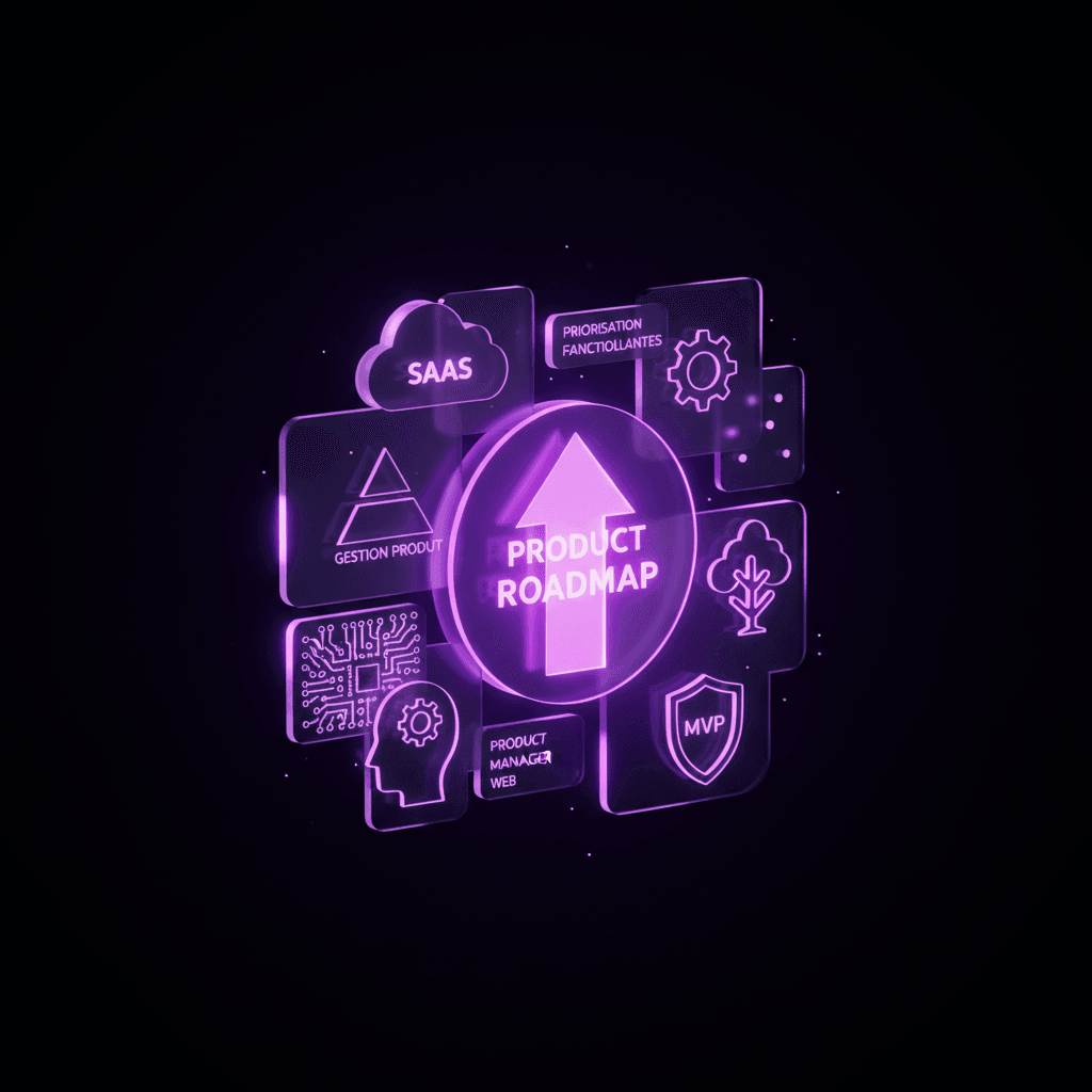 Illustration d'une équipe de Product Managers collaborant autour d'une roadmap numérique