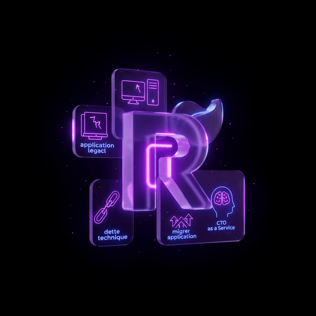 Illustration représentant le processus de refonte d'une application legacy, avec un vieux logiciel se transformant en une nouvelle solution moderne et sécurisée