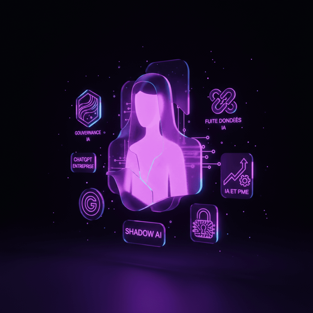 Illustration des risques du Shadow AI en entreprise, avec des données s'échappant d'un écran d'ordinateur vers un nuage d'IA générative non sécurisé.