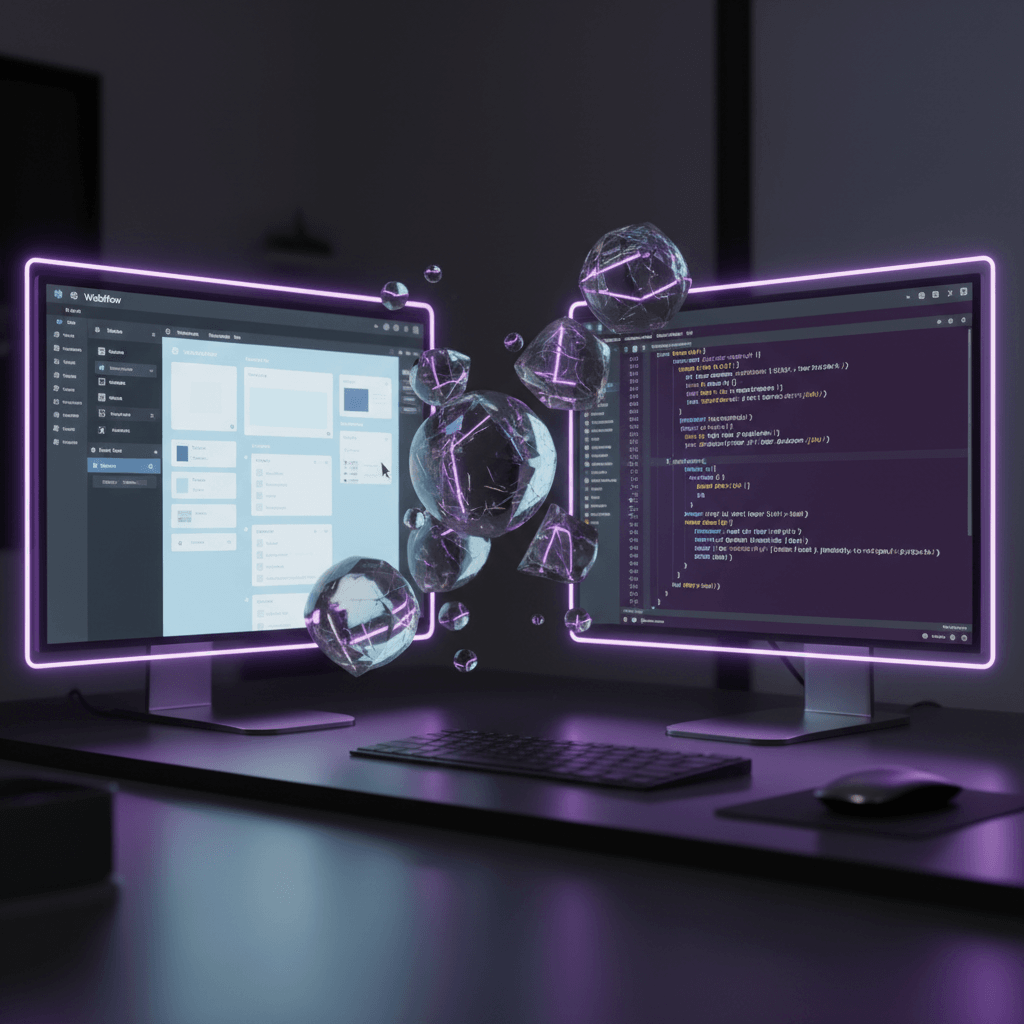 Comparaison entre Webflow interface visuelle et code Nuxt.js sur écrans modernes