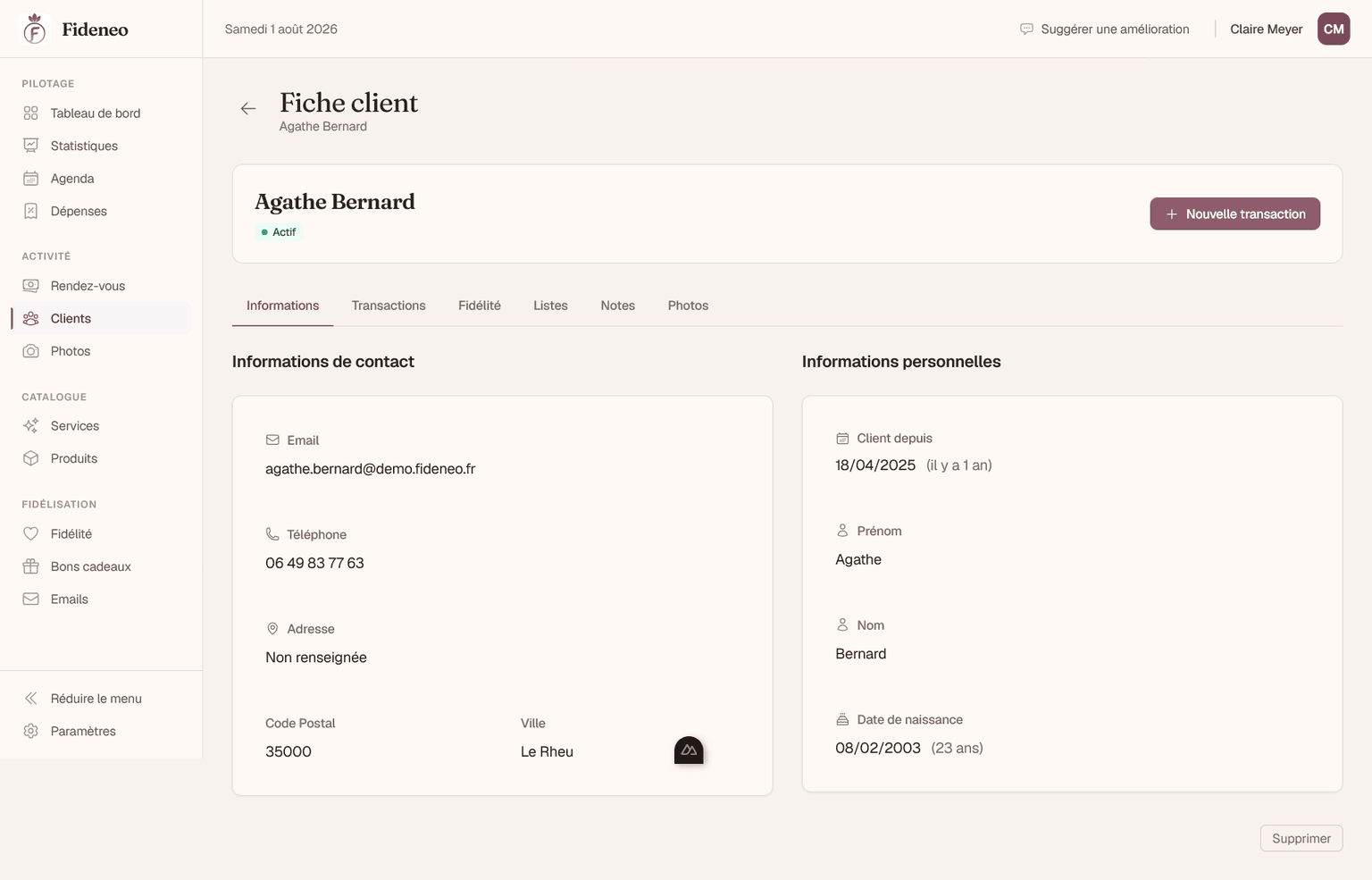 Fideneo - Fiche cliente, informations et historique