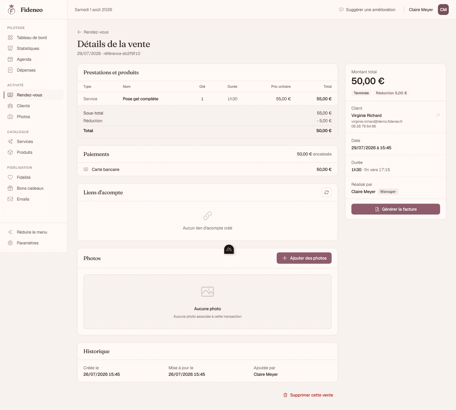 Fideneo - Détail d'une vente, prestations et encaissement