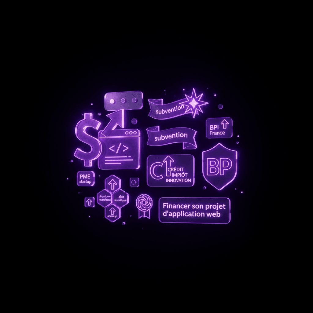 Entrepreneuse devant un ordinateur portable, avec des icônes d'aides financières flottantes, symbolisant le financement d'un projet d'application web.
